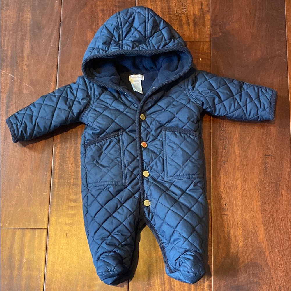 Ralph Lauren Blue Quilted One Piece Footie with Hood and Built-in Feet